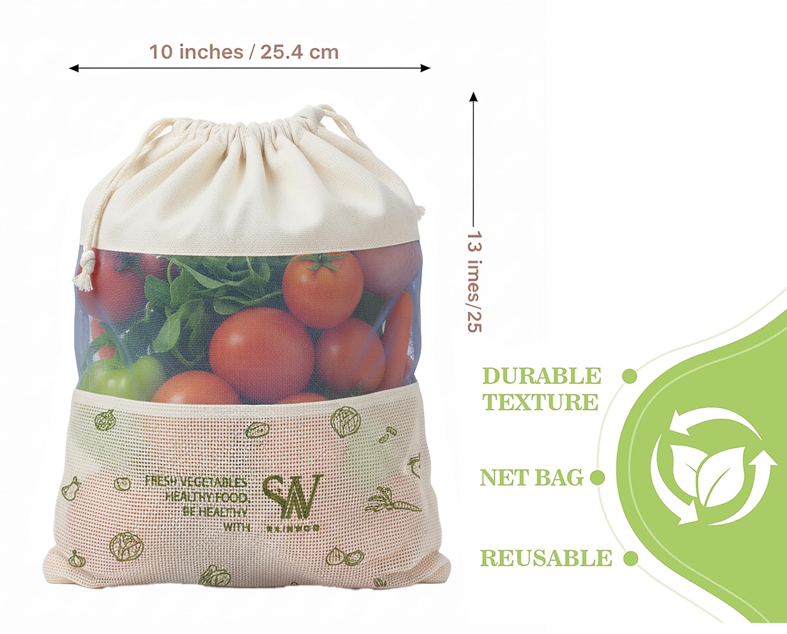 Skinwoo Set Of 6 Organic Cotton Reusable Vegetable Bag For Fridge, Eco Friendly Storage Bags, 11 X 13 Inch For Fruits, Vegetable